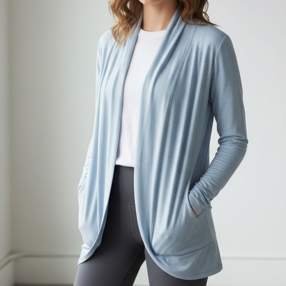 Lucy Women Blue Draped Open Front Cardigan Sweater Pockets S/P Yoga Activewear‎